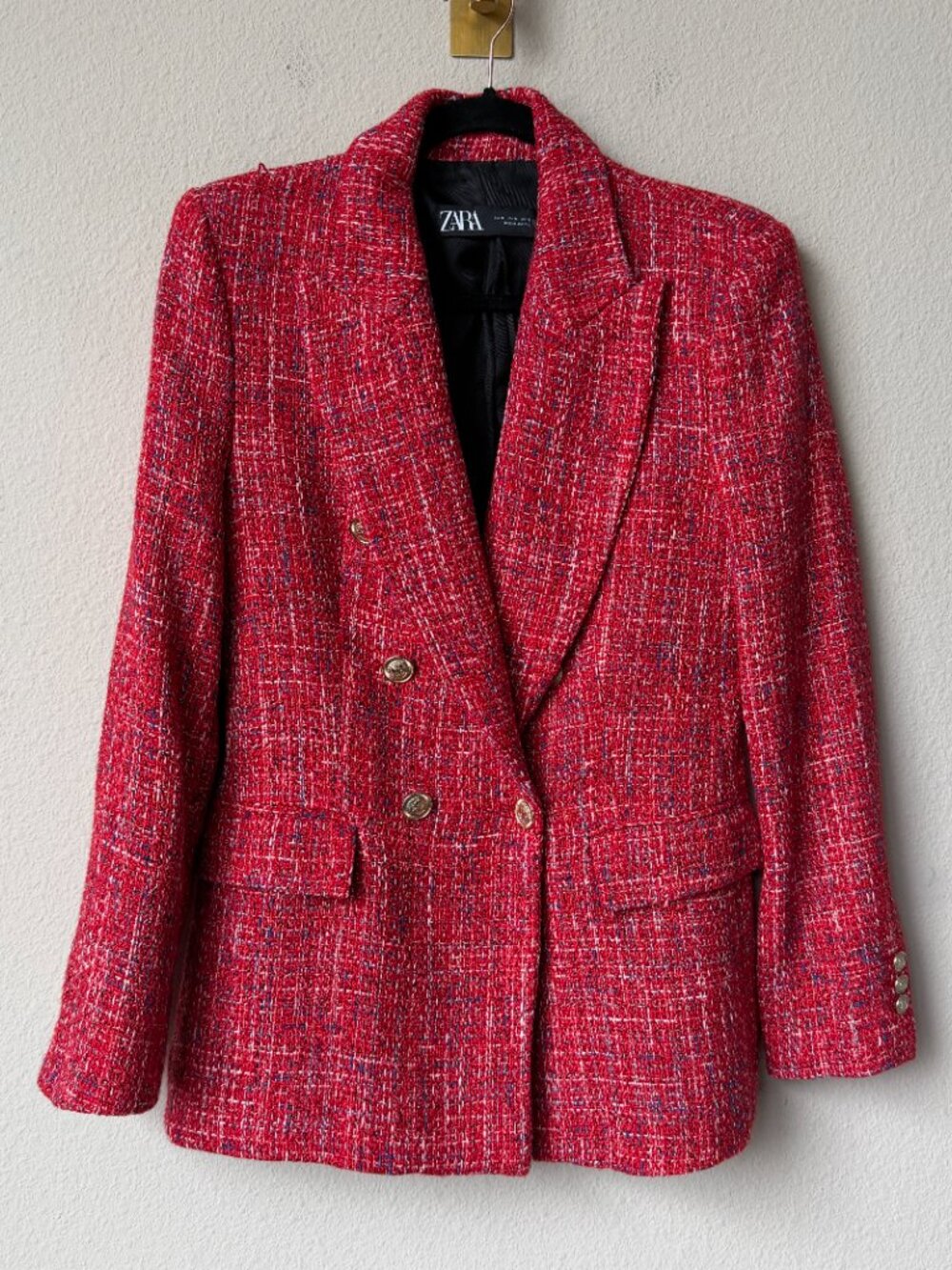 ZARA Red Double Breasted Textured Tweed Blazer Size M - Picture 2 of 4